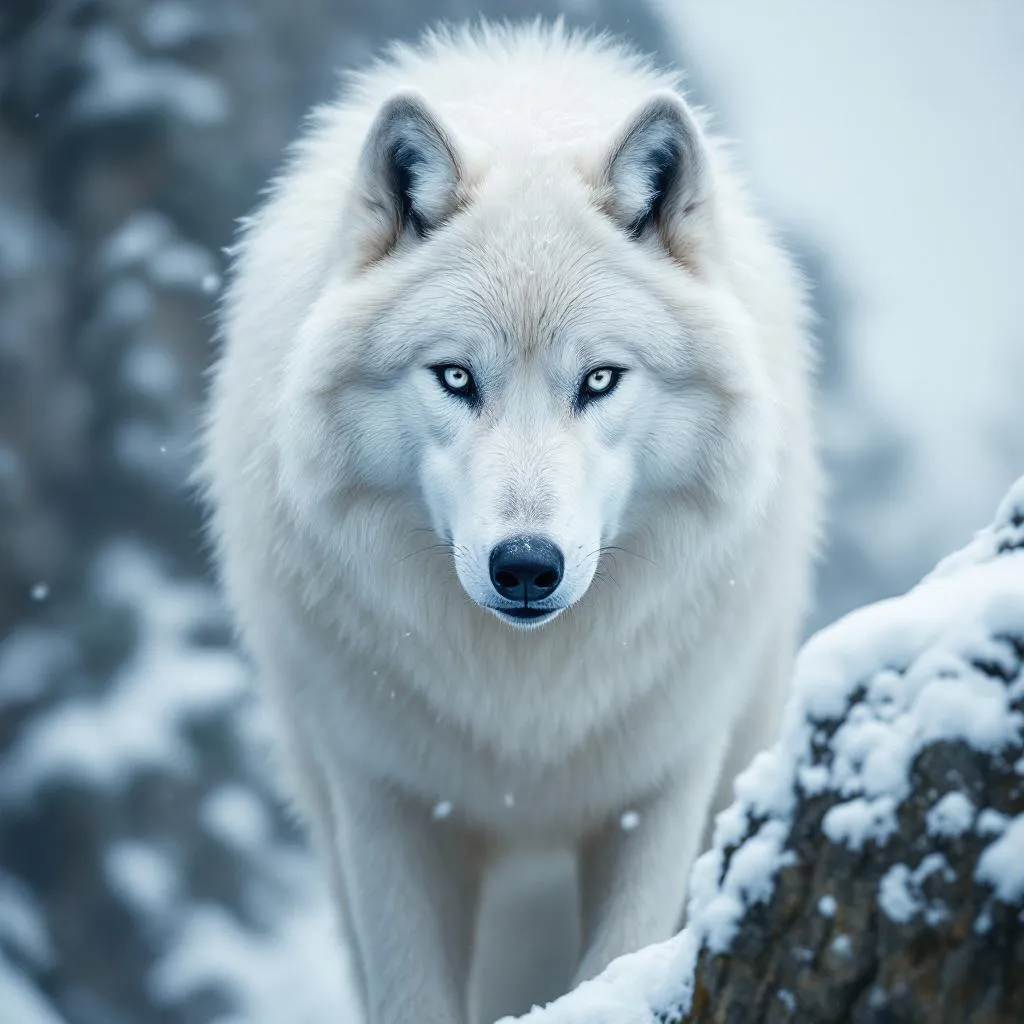 Majestic white wolf standing on a snowy cliff under aurora borealis, intense gaze, detailed fur with snow particles, cinematic atmosphere, wildlife photography style, ultra detailed