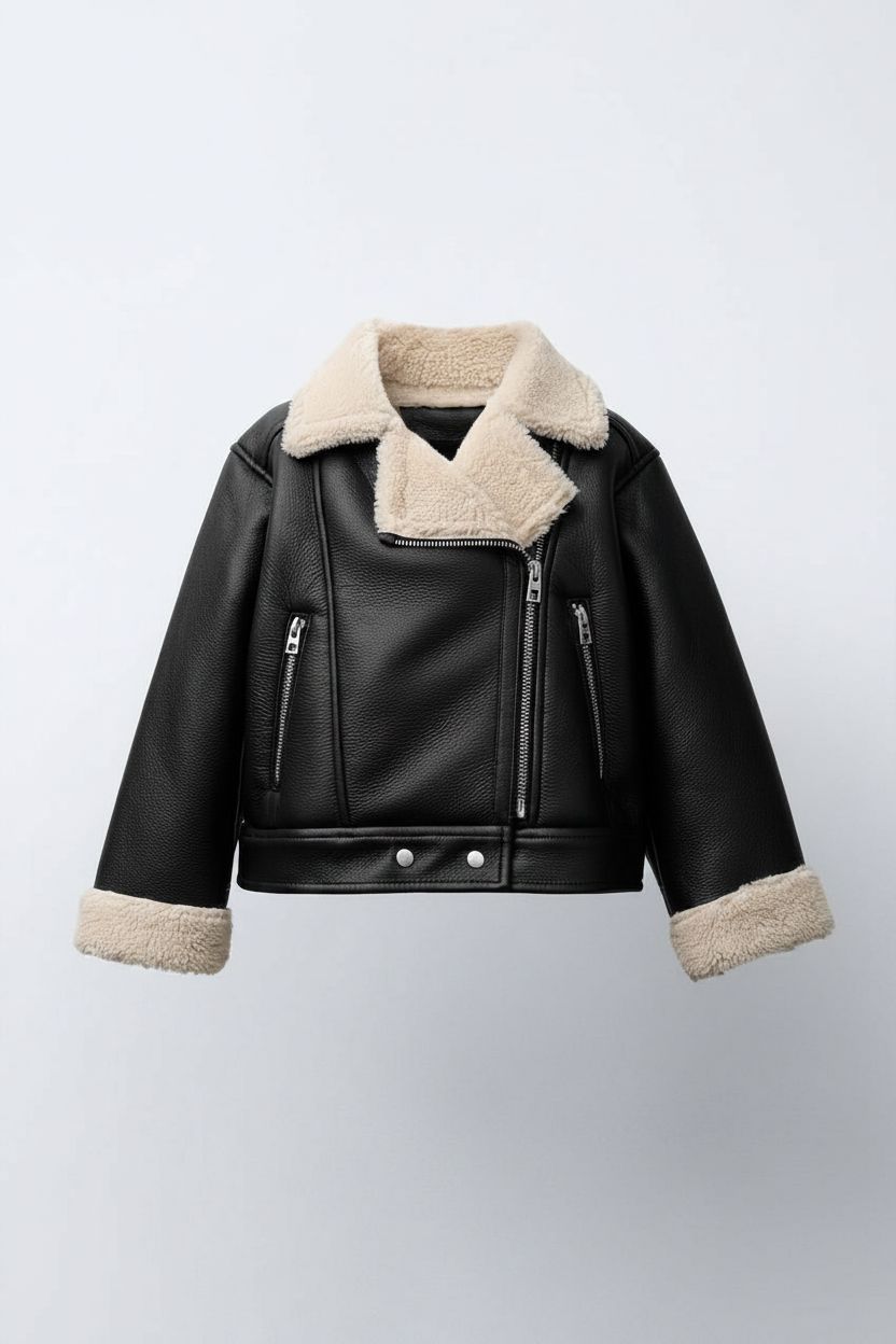 Women's shearling coat: studio-style product shot for a Wildberries or Ozon listing, generated by Creator AI.