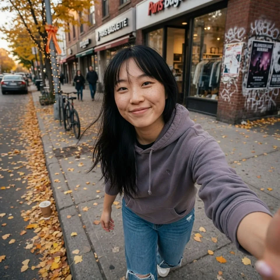 Реалистичное фото 24-летней азиатской женщины с длинными чёрными волосами в повседневной одежде — исходник до обработки ИИ