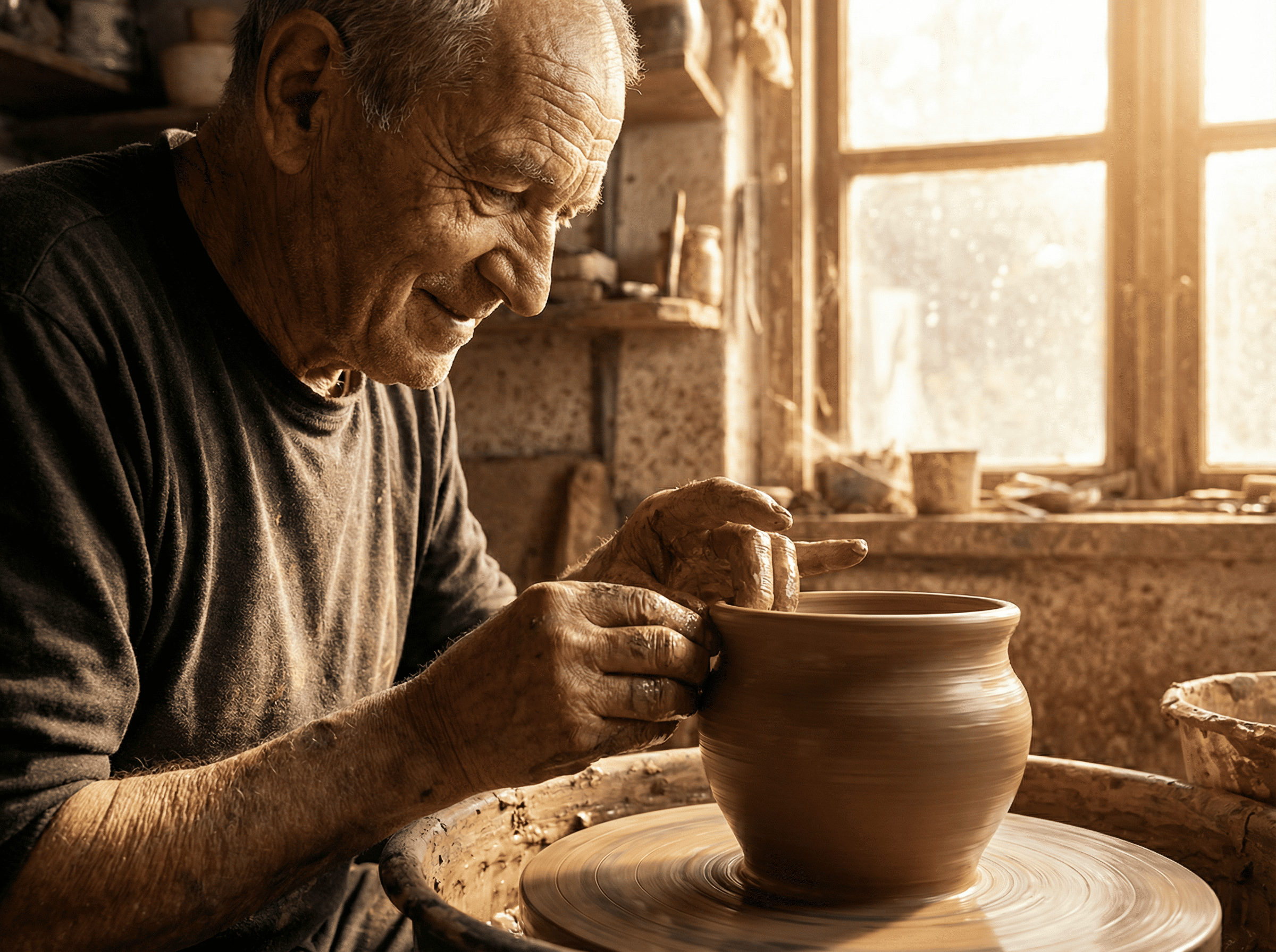 Photorealistic close-up portrait of an elderly artisan crafting pottery in a sunlit studio, warm natural light, sharp focus on hands and clay texture, emotional depth, 8k