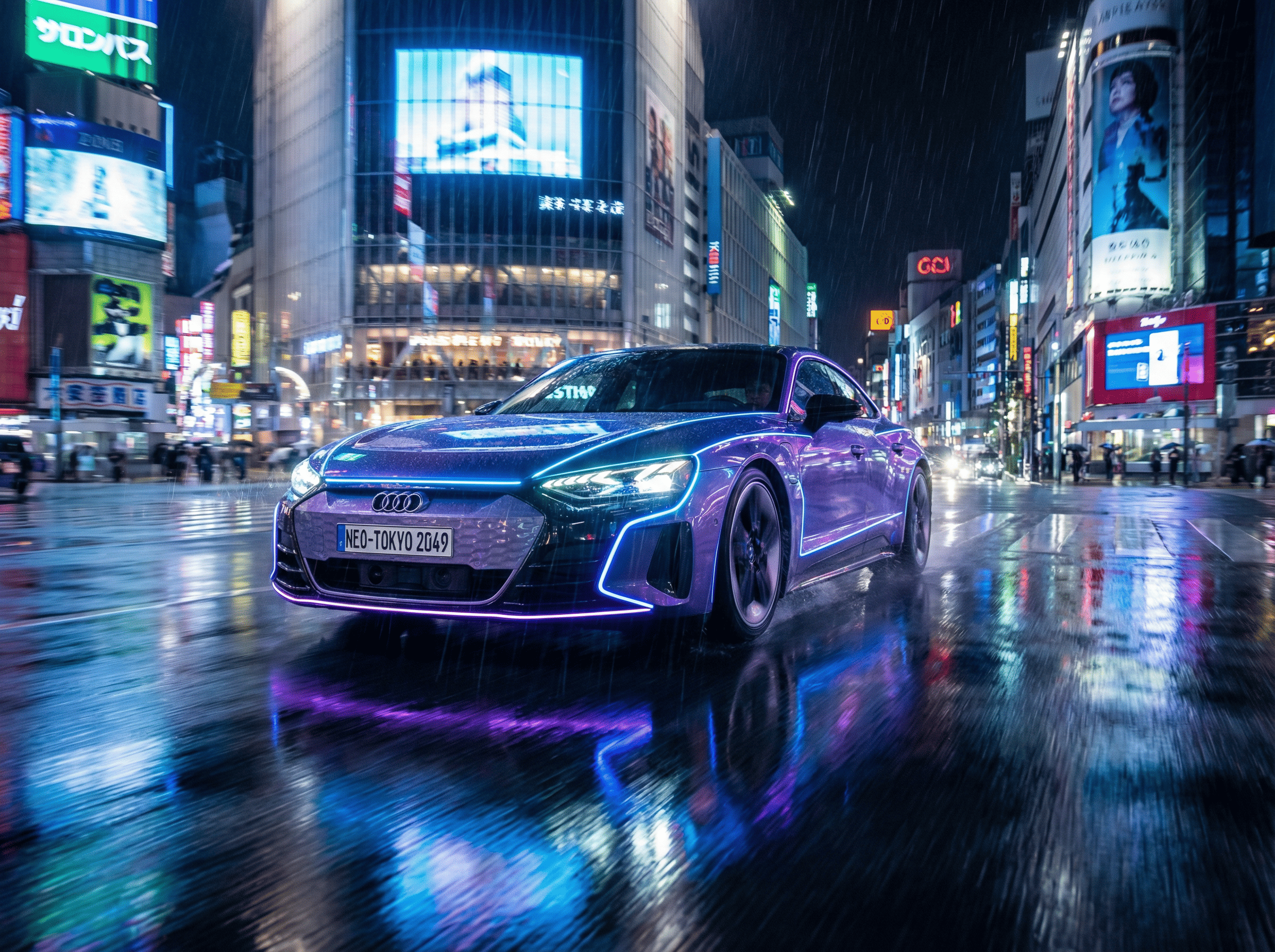 A futuristic electric car speeding through a rainy neon-lit city at night, reflections on wet asphalt, dynamic camera follow, high detail motion, cinematic lighting