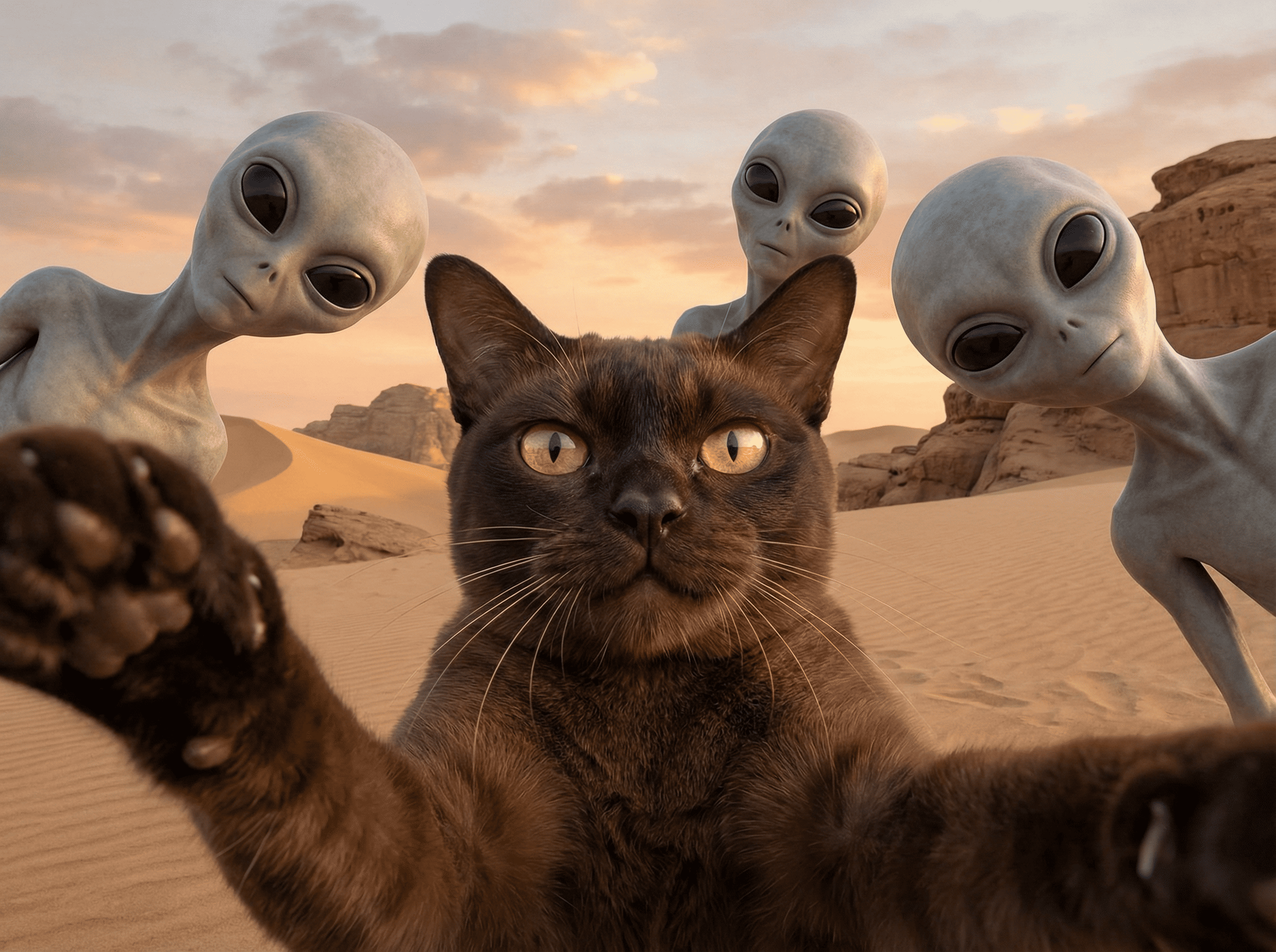 A cute Burmese cat taking a selfie in a vast desert at golden sunset, close-up front view with paw extended forward like holding the camera, large expressive golden-yellow eyes staring cur